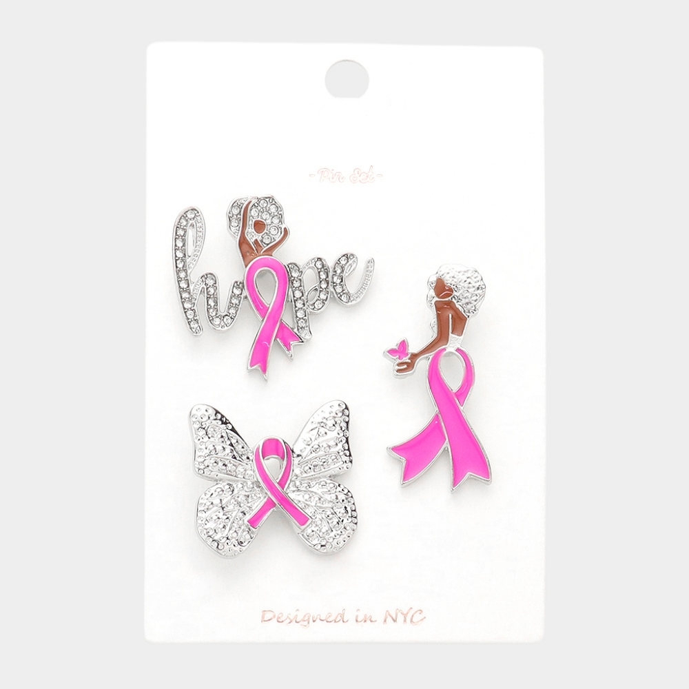 Pink Ribbon Brooch Rhinestone Bow Cancer Pin Butterfly Hope Mini Accessory Set 3 - Picture 1 of 3